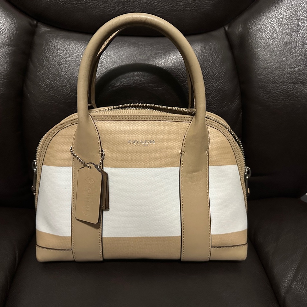 Coach Tan and White Satchel with Structured Design